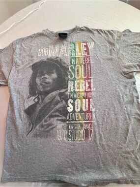 Zion Rootswear Bob Marley Graphic Tee - Grey with Red Yellow Green Accents